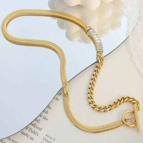 NWT 18K Gold Plated CZ Links Herringbone Chain Necklace Toggle Clasp - Picture 6 of 10